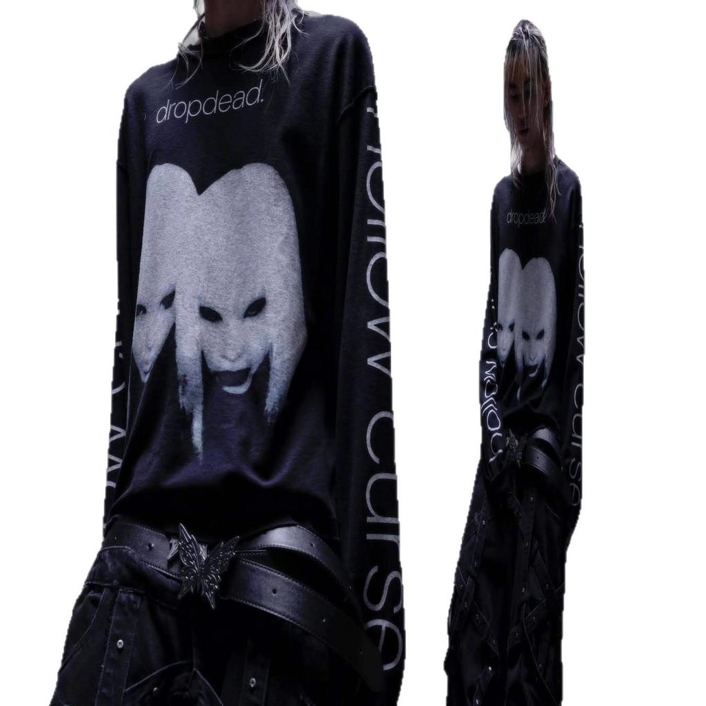 Millennial Retro Dark Character Print Loose Long Sleeve T-Shirt
