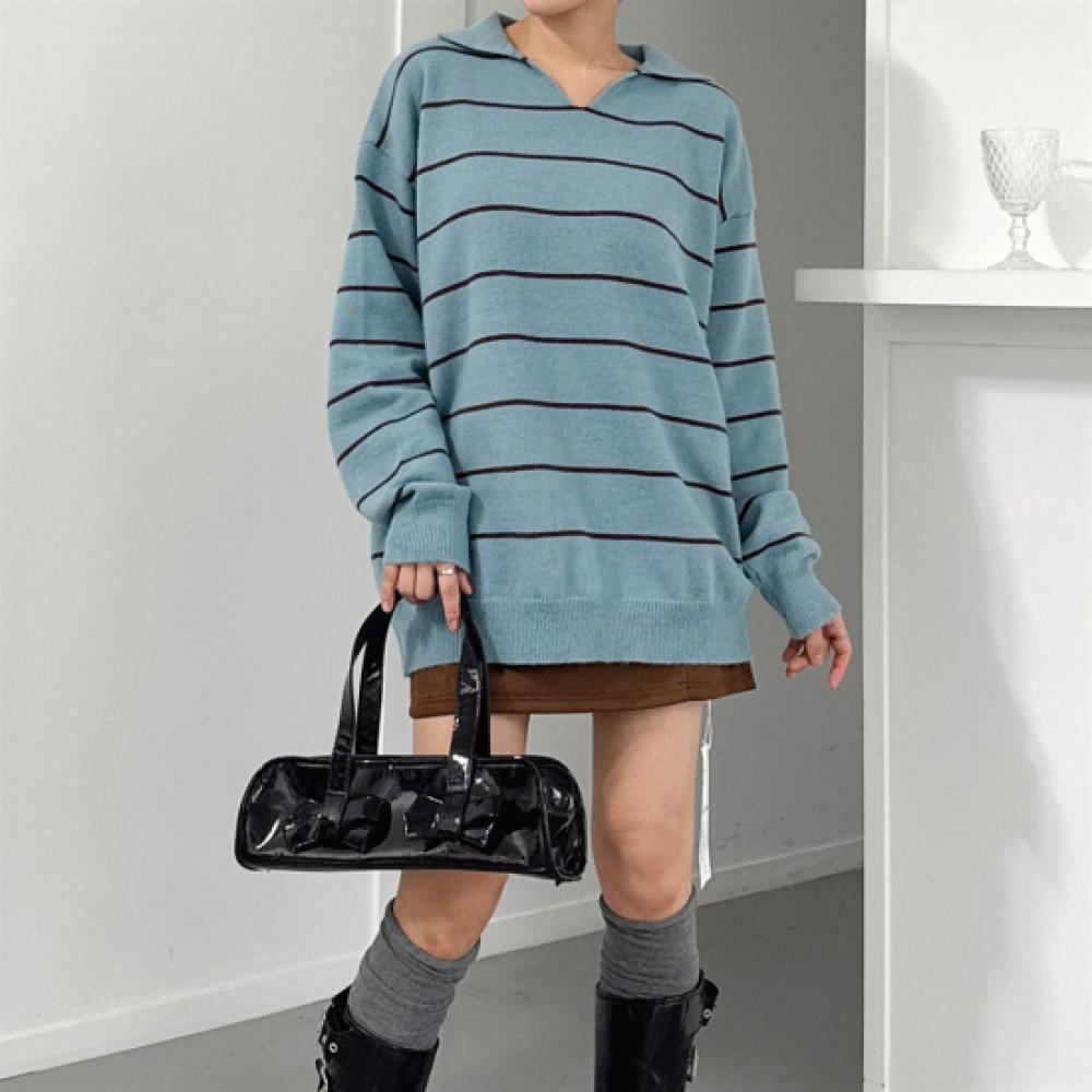 New Arrivals Open Run Women Stripe Oversize Hip Cover Open Collar Knit Sweater