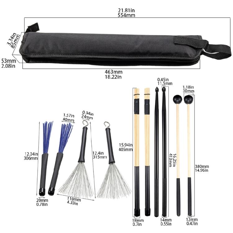 Comprehensive Drummers Set Drumsticks Set Assorted Brushes Mallets Bamboo Rods and Oxford Waterproof Bag Easy Carrying