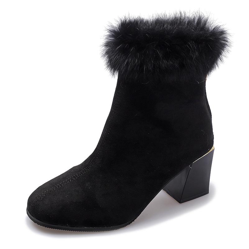 

Женские ботинки 2024 года, новые зимние уличные теплые меховые ботинки, водонепроницаемые женские зимние ботинки, женские короткие ботинки с квадратным каблуком и круглым носком 35 чёрный