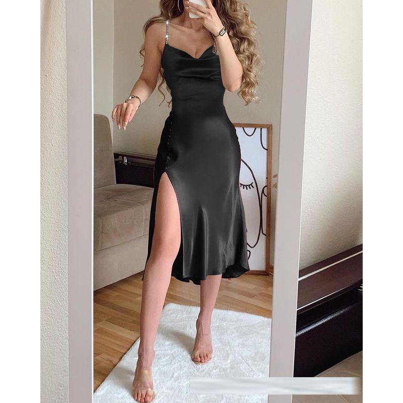 Women Sexy Suspender Dress Women's Clothing Swing Collar Satin Dress