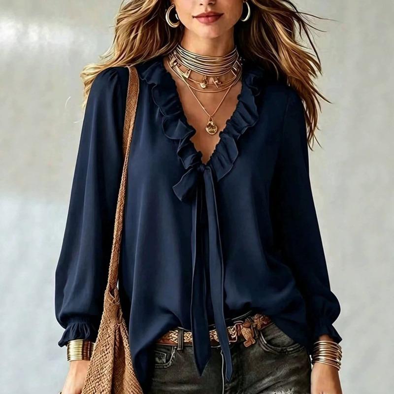 TIFICY Women's Fashion Casual Spring Autumn Solid Color Print Long Sleeve V-Neck Blouses & Shirts