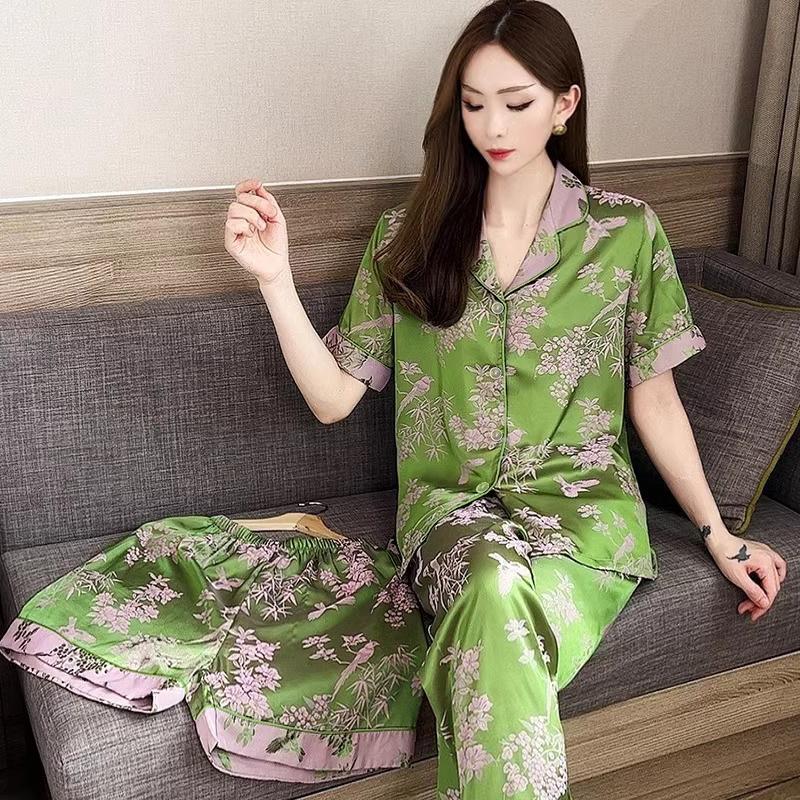 Mori High-End Ice Silk Women'S Ice Silk Pajamas Short-Sleeved Three-Piece Temperament Cardigan Spring And Summer Loungewear