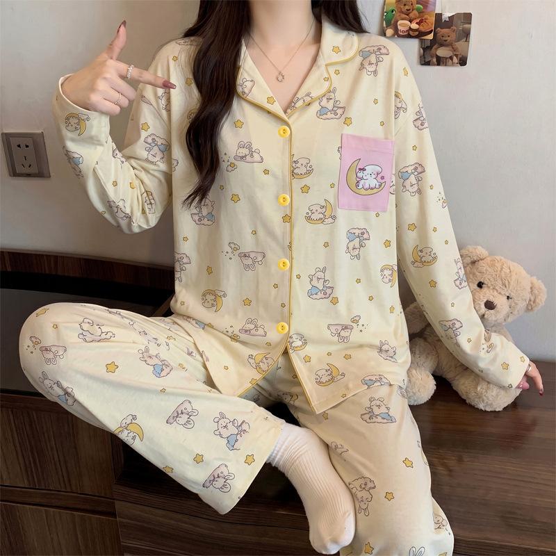Cute style rabbit pure cotton pajamas women's spring and autumn long-sleeved thin cotton student casual loungewear set