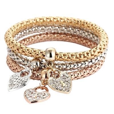 3 Pcs/Set Crystal Owl Heart Charm Bracelets & Bangles Gold Alloy Elephant Anchor Pendants Rhinestone Bracelets Set For Women