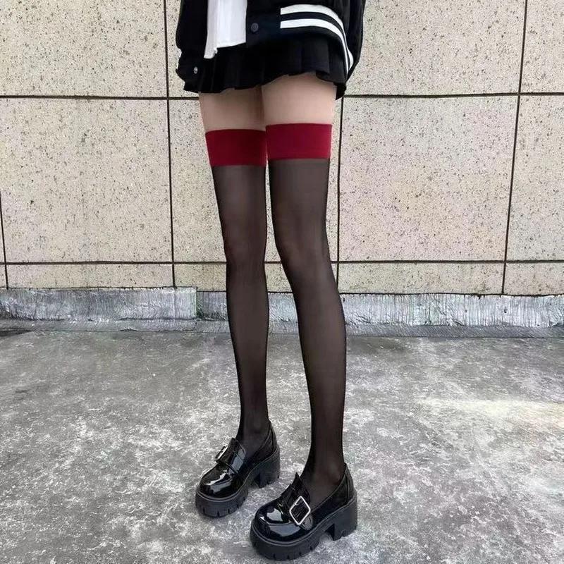 Lolita Girls Party Thigh High Fishnet Stockings Gothic Punk Women Sexy Transparent Over Knee Black Red Wide Edge Long High Socks