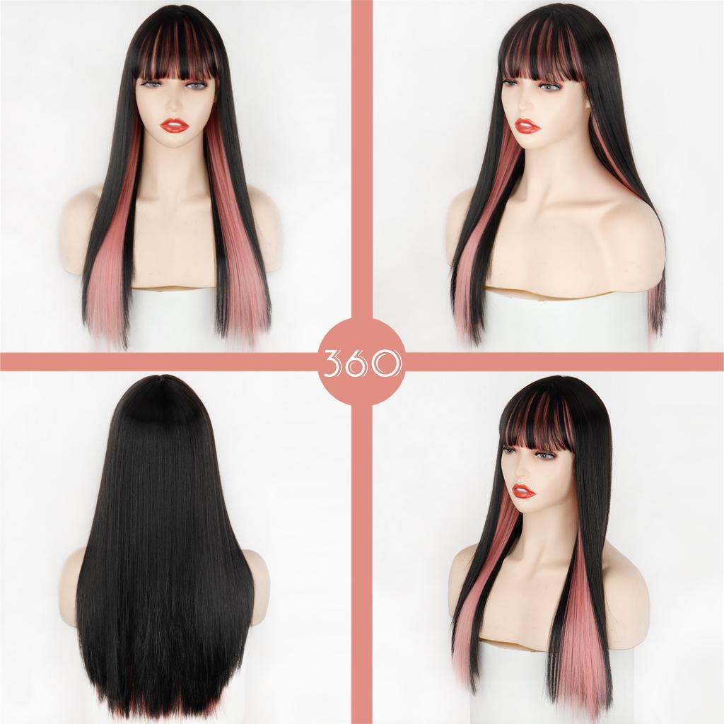 MISSQUEEN Pink and Black Wig Two Layers of Wigs Long Straight Hair Cosplay Wig Two Tone Ombre Color Women Synthetic Hair Wigs Lolita Wig