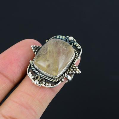 Anello Statement Fatto a Mano in Argento 925 con Rutilo Dorato Naturale per il Compleanno della Madre Misura USA 8.5