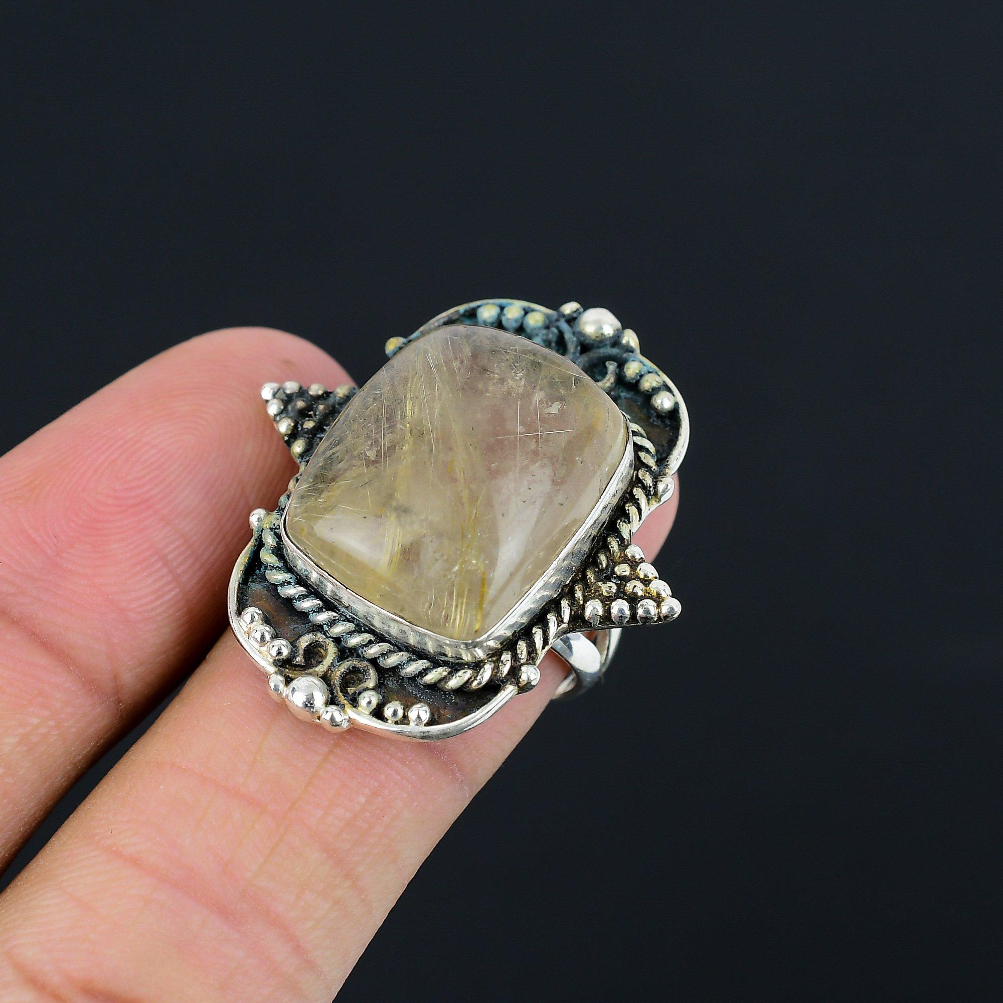 Natural Golden Rutile 925 Silver Mother Birthday Handmade Statement Ring US 8.5 8.5
