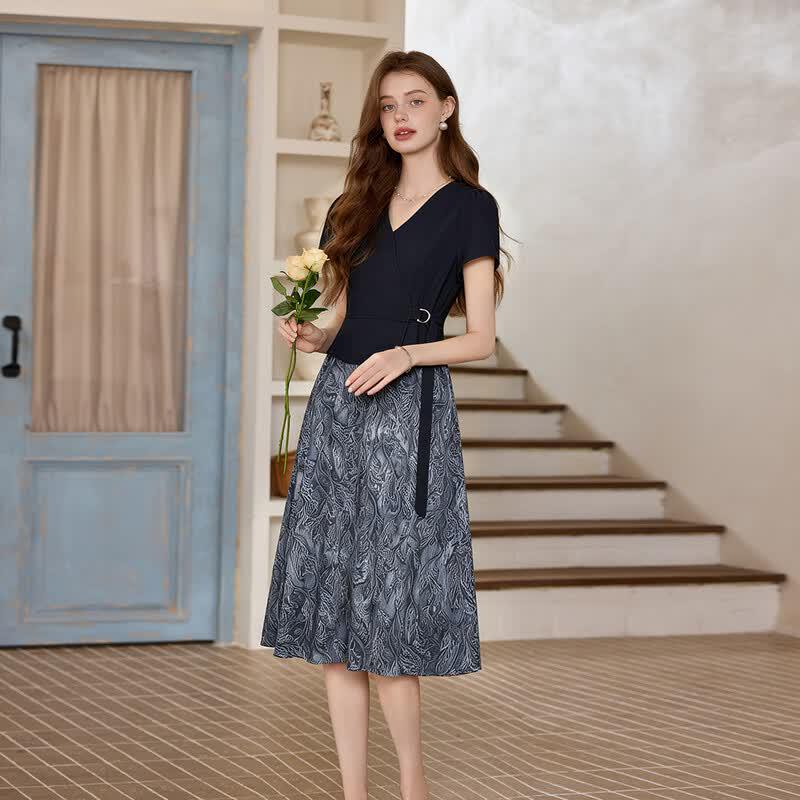 Elegant V-Neck Faux Two-Piece Print Long Dress S синий