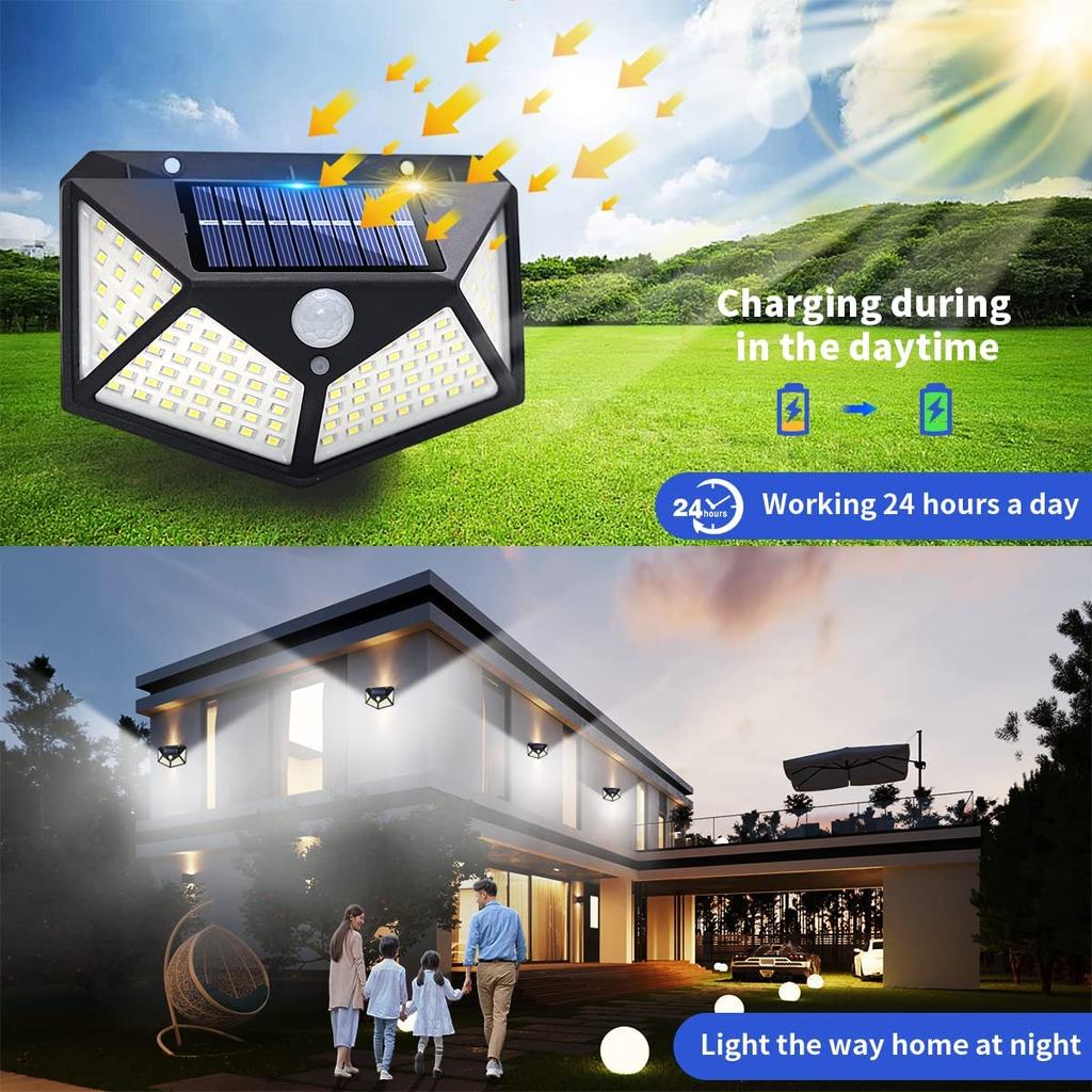 100 LED Solar Wall Lamp 4 Sides Luminous With Motion Sensor Outdoor Garden Courtyard Waterproof Wall Light