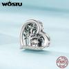 WOSTU Real 925 Silver Heart Beads Flower Retro Pattern Charms Pendant Fit Original DIY Bracelet Necklace Silver Jewelry