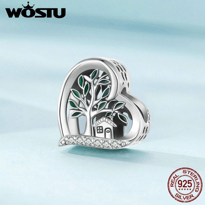 WOSTU Real 925 Silver Heart Beads Flower Retro Pattern Charms Pendant Fit Original DIY Bracelet Necklace Silver Jewelry