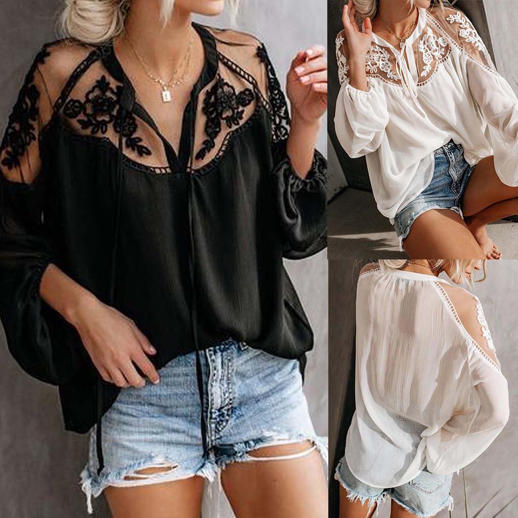 

Женские сексуальные кружевные сексуальные топы с длинными рукавами, модная вечерняя блузка