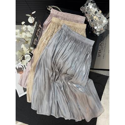 Retro Style Fashionable Pleated Drooping Slimming High Waist A- Line Skirt High-Grade Glossy Pearlescent Chiffon Pleated Skirt