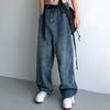 JYL Men's Straight Jeans American Vintage Belted Loose Wide-Leg Dad Denim