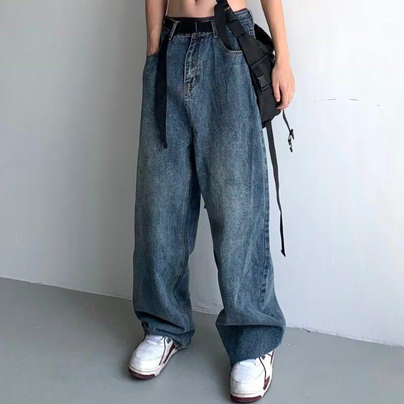 JYL Men's Straight Jeans American Vintage Belted Loose Wide-Leg Dad Denim