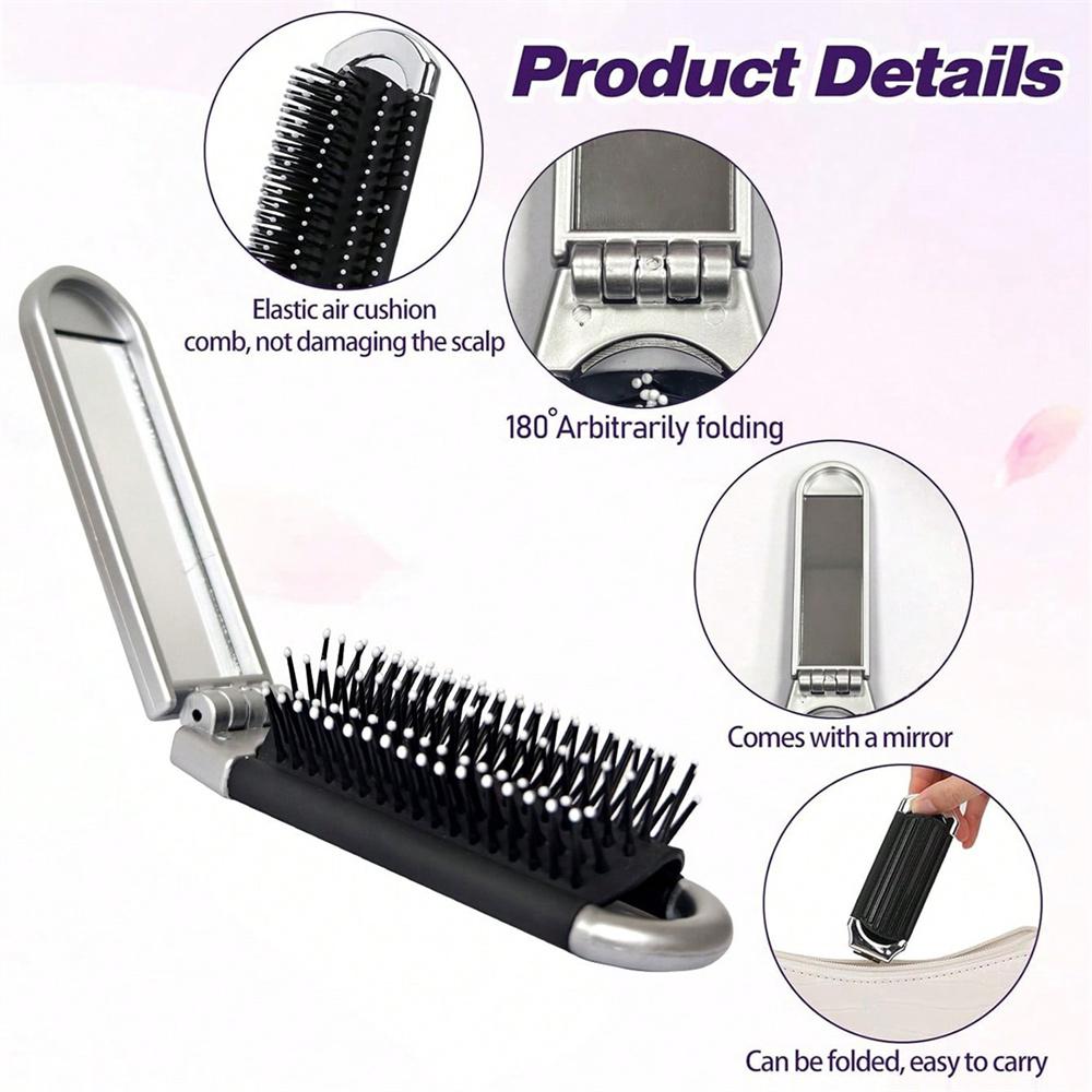 Foldable Mirror Comb Portable Mini Siz Scalp Massage Hairbrush with Retractable Mirror for Pocket Outdoor Travel Use Airbag Comb