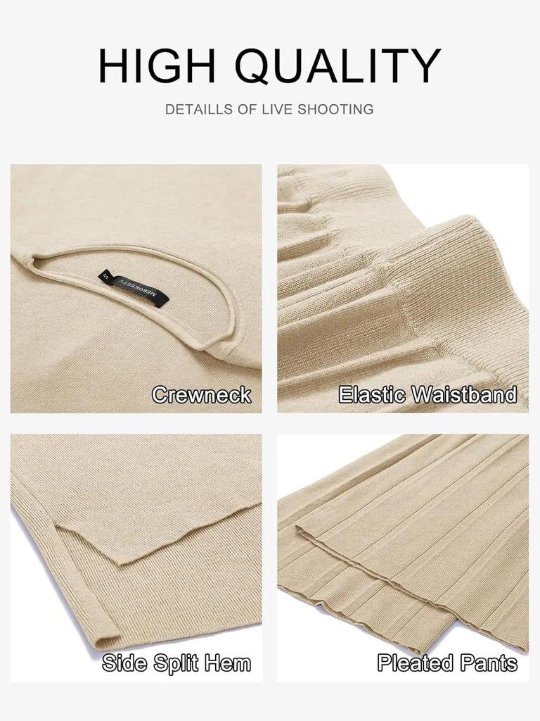 2026 Solid Color Knit Set: Sleeveless Top & Wide-Leg Crop Pants, Slim Fit, Round Neck