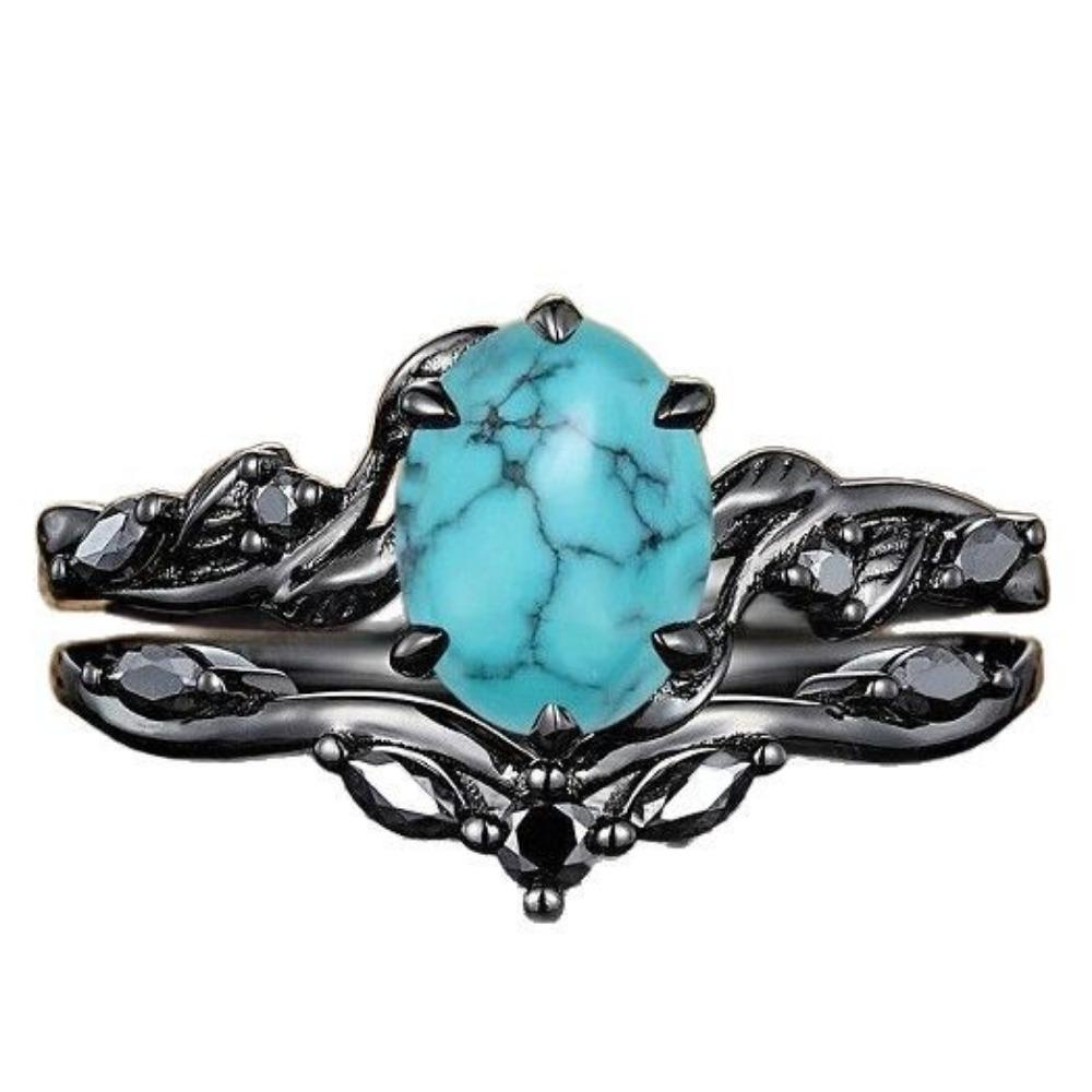 Luxury European and American New RING Alloy Inlaid Turquoise Ring, Electroplated Gun Black Women's Engagement Ring