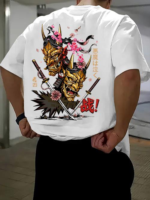 Unisexs Tshirt Japanese Oni Demon Mask Katana Cherry Blossom Kanji Print Vintage Ukiyoe Streetwear 100 Polyester Sxxl