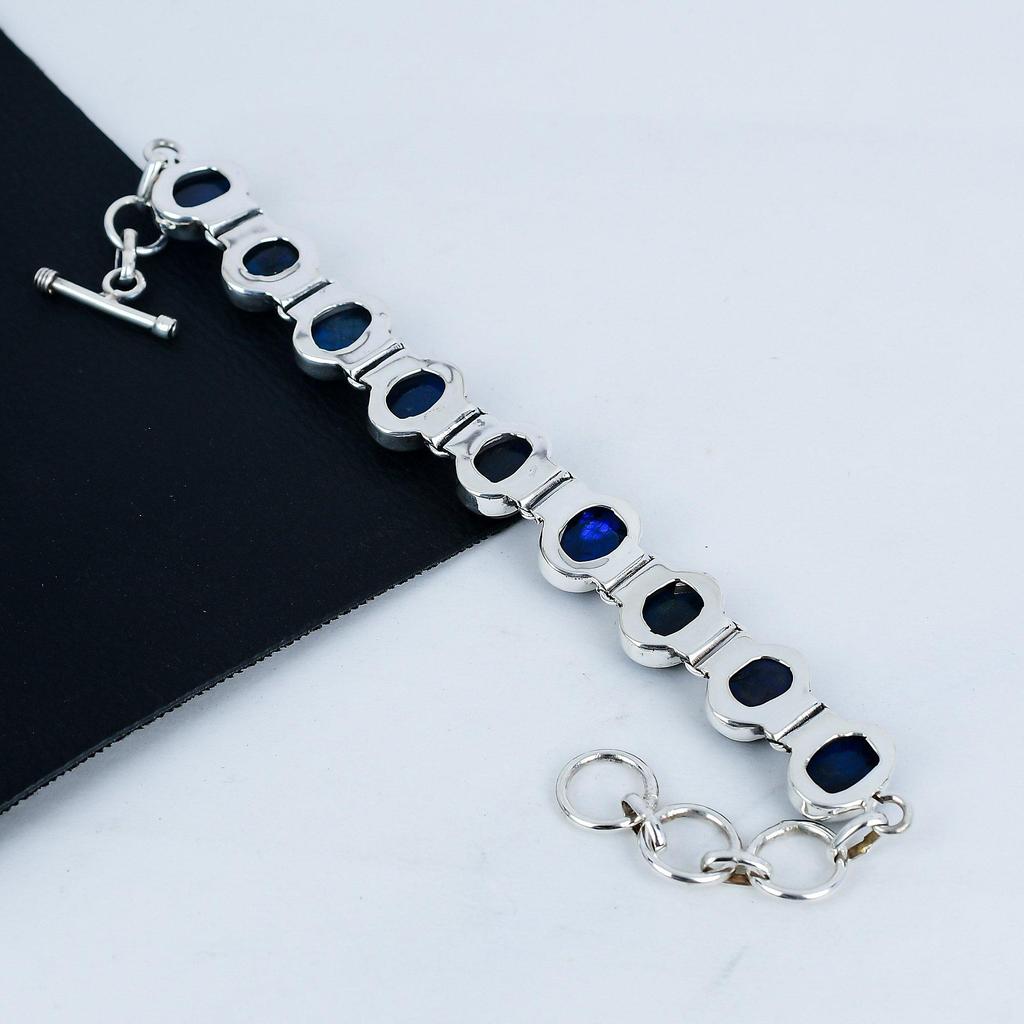 Natural Blue Flash Labradorite Gemstone Handmade 925 Sterling Silver Bracelet, Blue Flash Labradorite Bracelet For Wife , Unisex Bracelet Wadding Gift