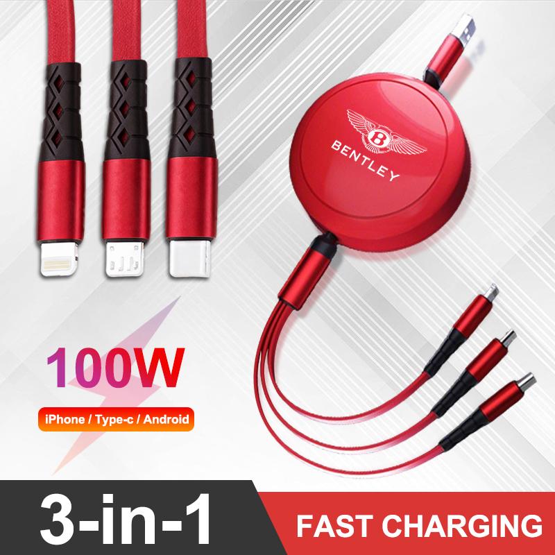 100W 3-in-1 Micro Data USB Type-C Type C Fast Charger Cable For New Bentley Flying Spur ContinentalGTBentaygaMulsanneAccessories