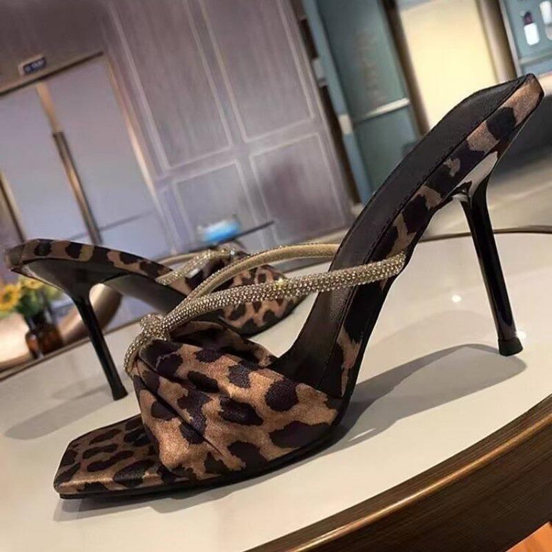 New Style Shoes Water Diamond Flip-flops High Heels Thin Straps Square Heads Exposed Toes One Line
