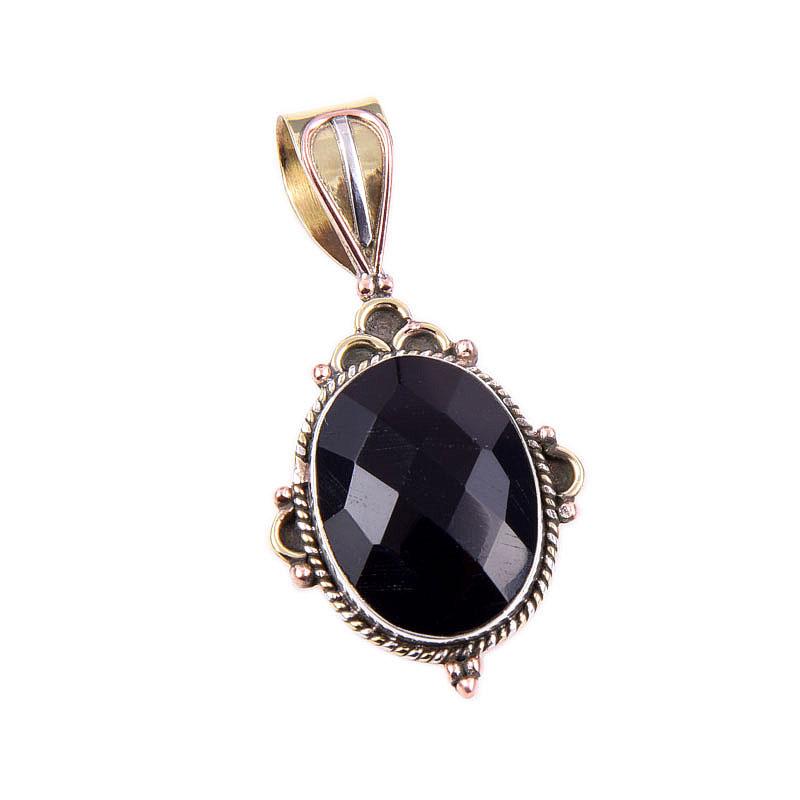 Natural Black Onyx Gemstone 925 Solid Sterling Silver Two Tone Pendant 1.5" R9I63