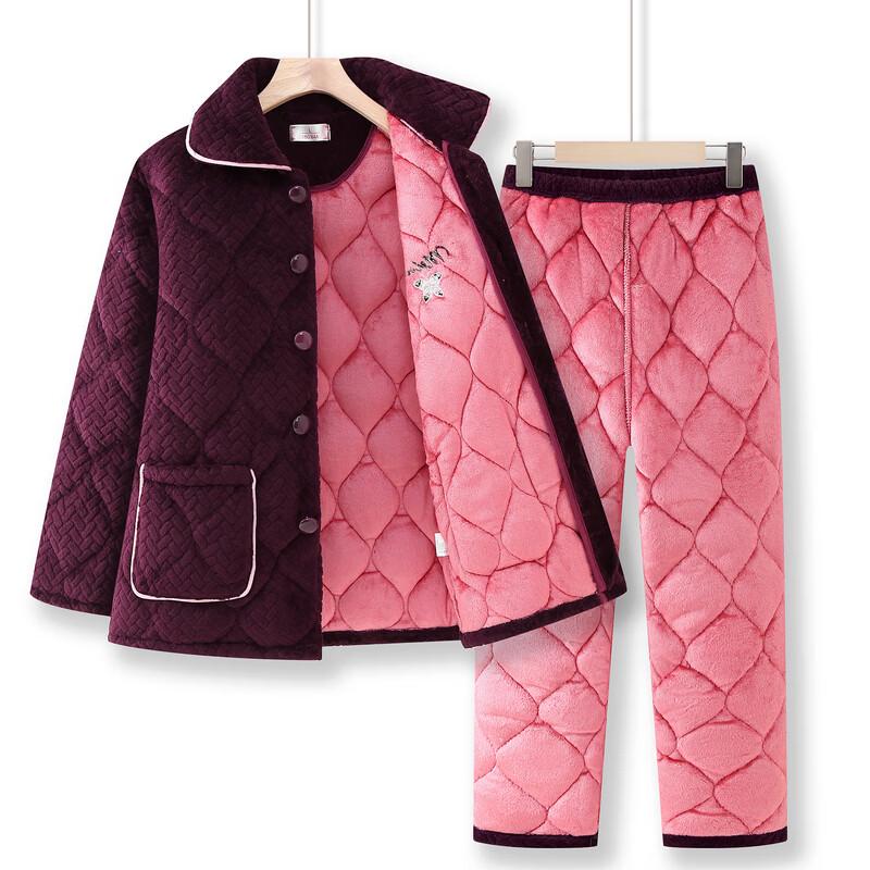 Langsha Women's Winter Coral Fleece Quilted Thermal Pajama Set