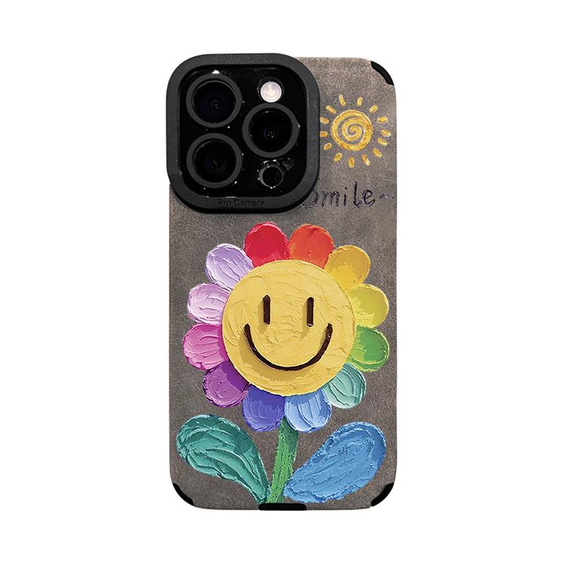 Oil Painting Sunflower Chain Is Suitable for Apple 16promax Mobile Phone Case 13 Abrasion 15 Soft Silicone 14 All-inclusive Anti-drop