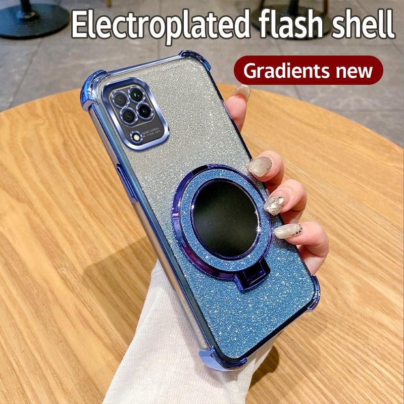 Shockproof Glitter Mirror Ring Holder Phone Case For Samsung Galaxy M32 M22 M12 M11 M02 M02S M04 M05 M56 5G F04 F05 Soft Cover
