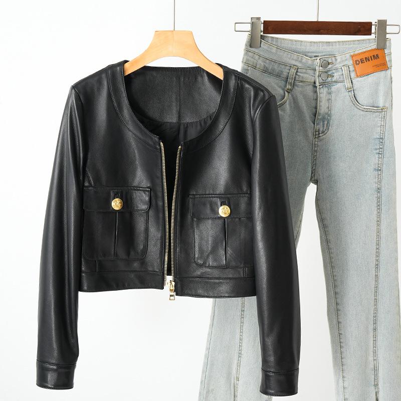 

Высококачественное пальто из натуральной овчины, новое осеннее пальто, женская дизайнерская короткая куртка с круглым вырезом в стиле мотоцикла XL