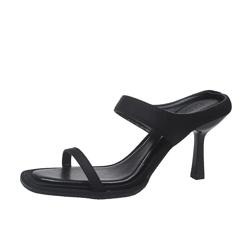 Fashion High-heeled Cool Slippers Women's Wear Square Head Open-toed Word with Stiletto Sandals Casual Beach Shoes