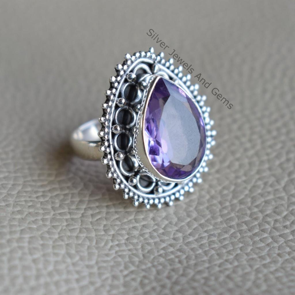 925 Sterling Silver Ring, Amethyst Ring, February Birthstone Ring, Handmade Ring, Teardrop Amethyst Designer Ring, Boho Ring. Gift For Her