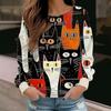 Round Neck 3D Cat Pattern Printed Top Fashionable Casual Long Sleeved Women's T-shirts