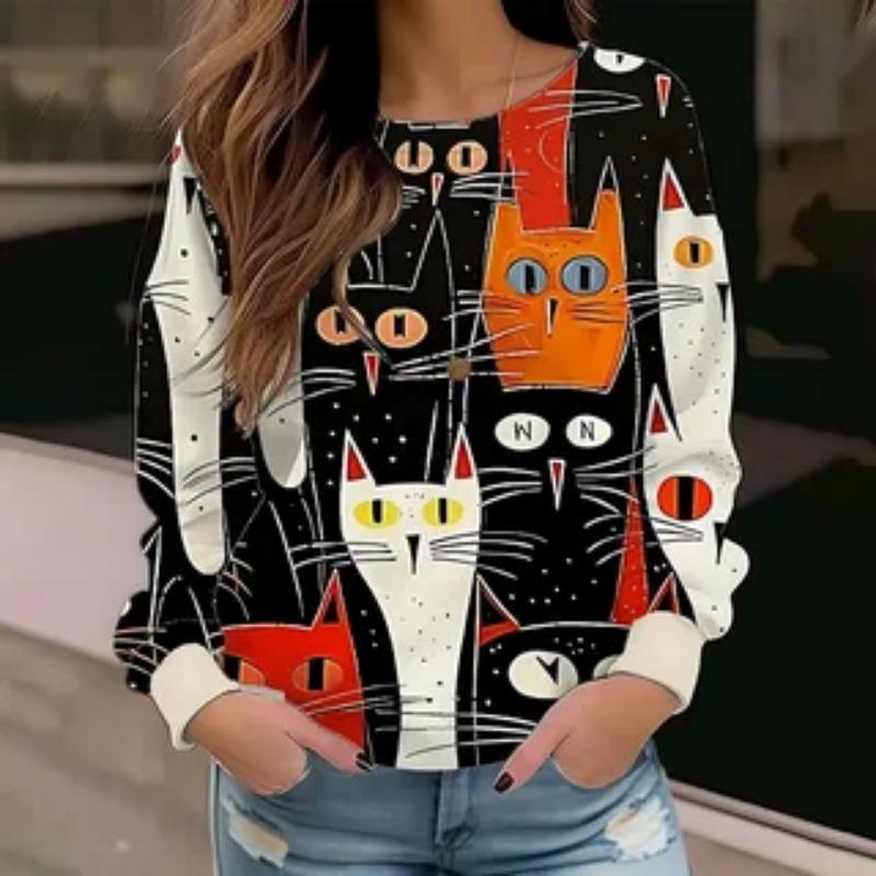 Round Neck 3D Cat Pattern Printed Top Fashionable Casual Long Sleeved Women's T-shirts