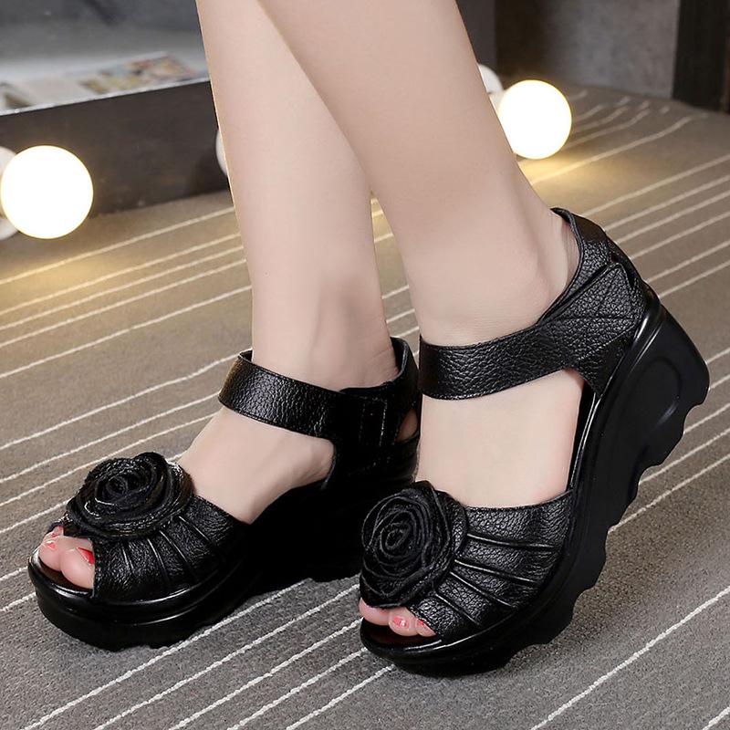 Comemore Genuine Leather Chunky-Heel Women's Sandals Flower High Heels Luxury Summer Sandal for Women 2025 High-heeled Shoes Red