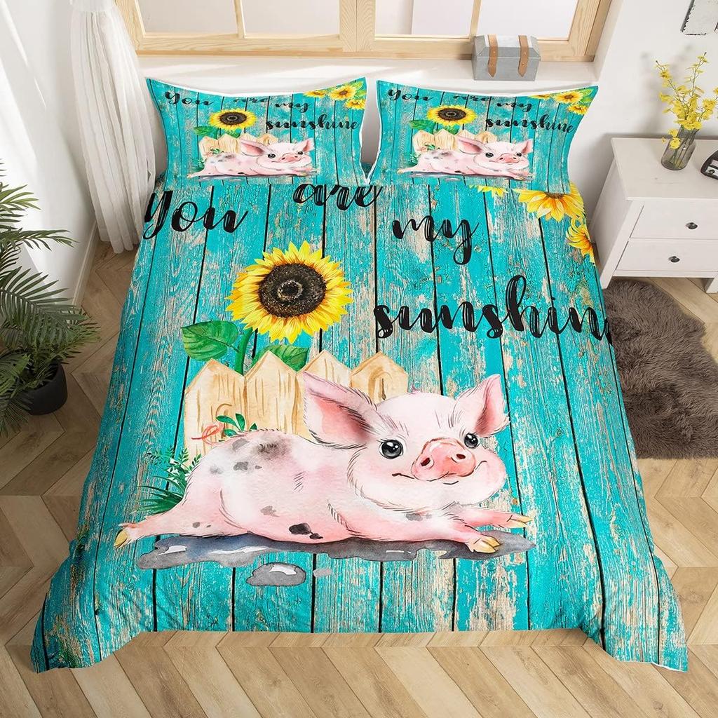 Adorable Lovely Couple Pig Soft Duvet Cover Twin King, Roses Daisy Floral Valentine's Romantic Beding Set,Carton Animal Rustic Warm Comforter Cover