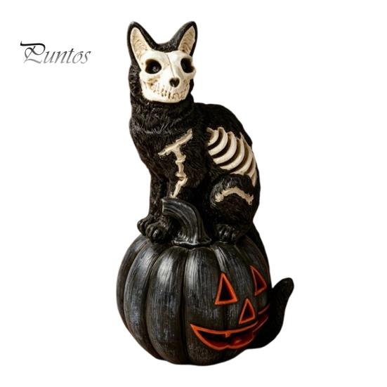 Black Cat Pumpkin Decoration Halloween Skull Figurine, Gothic Statue with Hollow Ribs, Tabletop Figurine Spooky for Desktop Showcase Outdoor