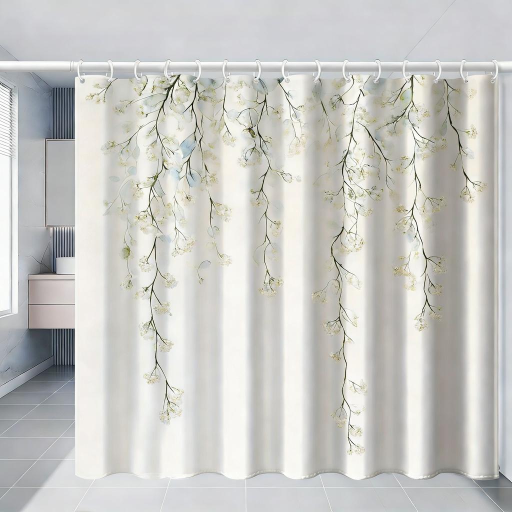 Watercolor Green Hanging Leaves Waterproof Shower Curtain For Bathroom Decor
