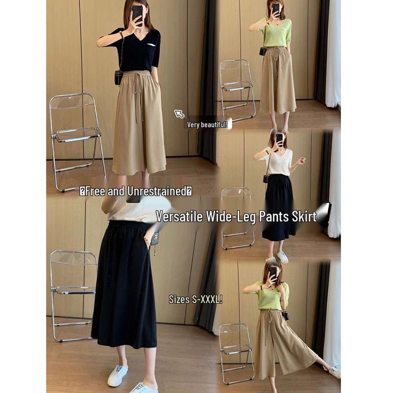 Women's Summer Wide-Leg Cropped Pants: Pear-Shaped, High Waist, Slimming, Loose Fit with Drapey Drawstring