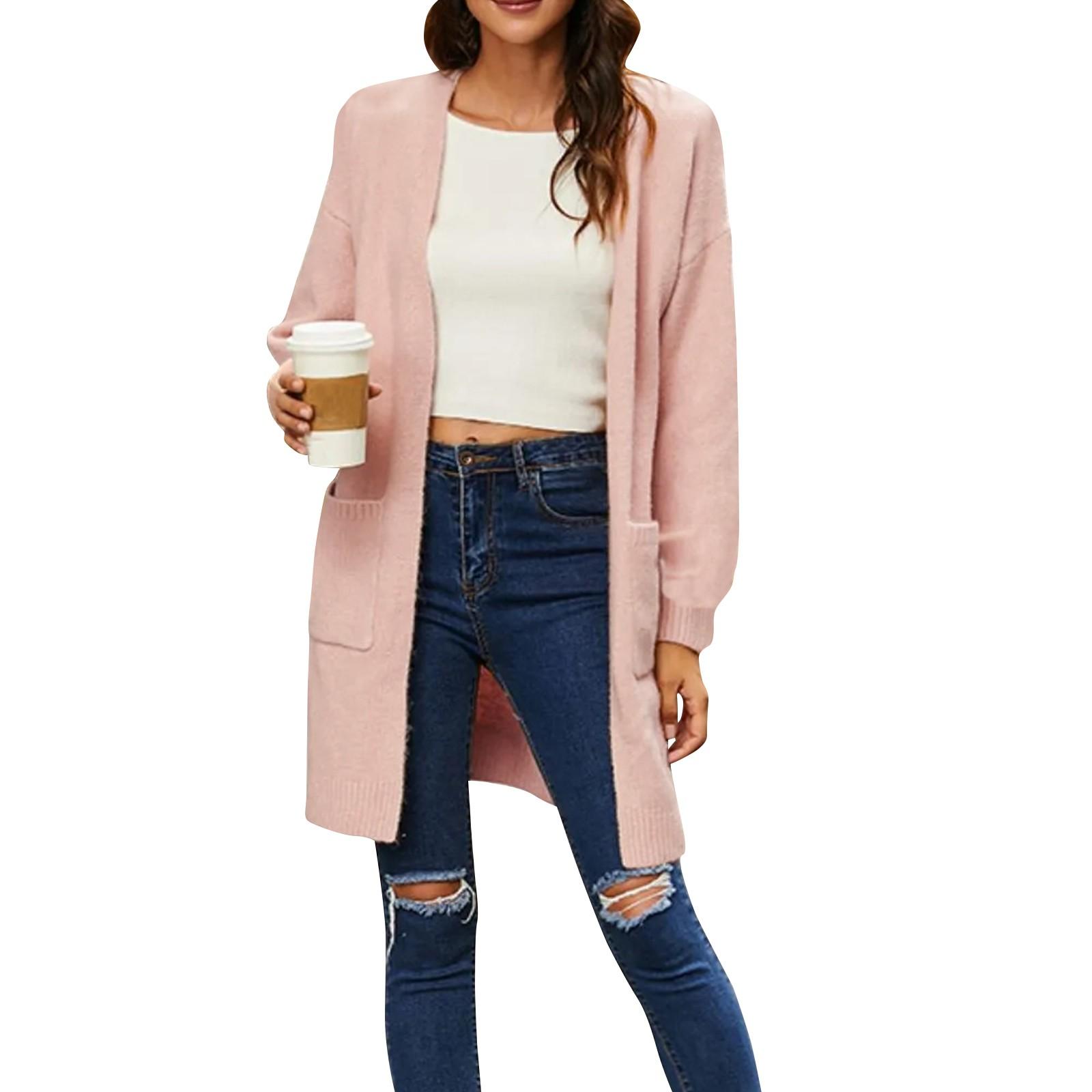 

Женский модный однотонный свободный повседневный вязаный кардиган с карманом S розовый