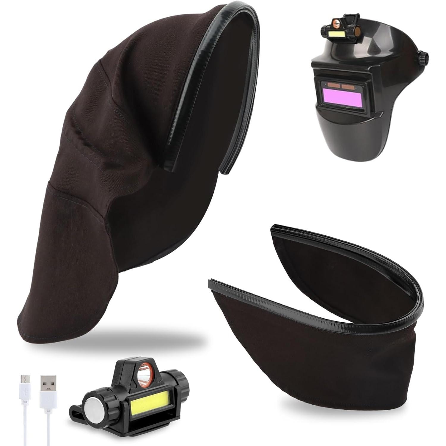 

2 Pcs Welding Helmet Cover and Helmet Bib Set, Heat Resistant Welding Cap Extended Headcover with Headlight, Hood Accessories for Full Welding-Neck чёрный