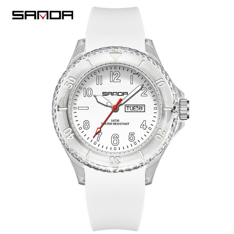 Sanda Student Sports Watch: Waterproof Quartz with Double Calendar, Transparent Case - Fashionable and Personalized for Kids.
