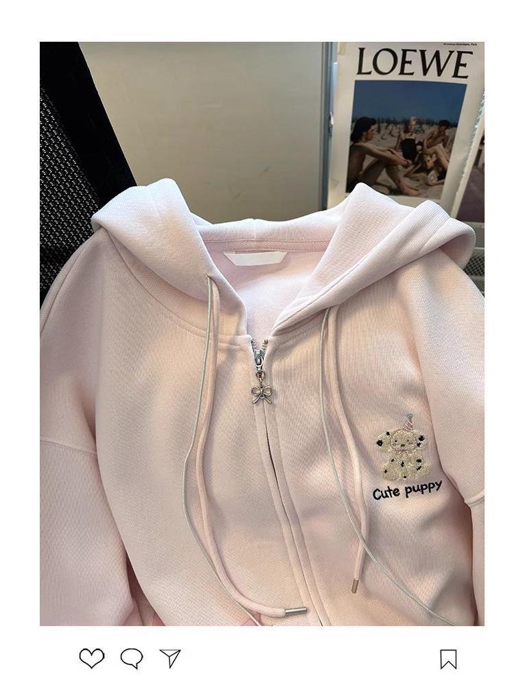 Women's Sweet Preppy Pink Hooded Sweatshirt - Bow Cardigan for Autumn/Winter