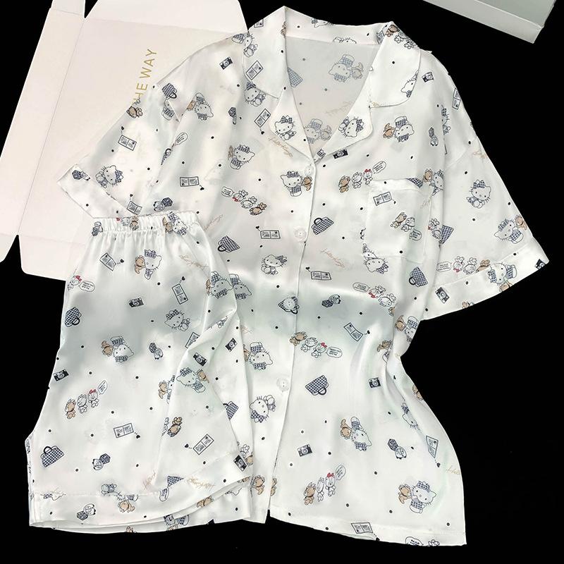 Cool Ice Silk Simple Cartoon Pajamas Women'S Summer Short-Sleeved Shorts Comfortable Loose Loungewear Set
