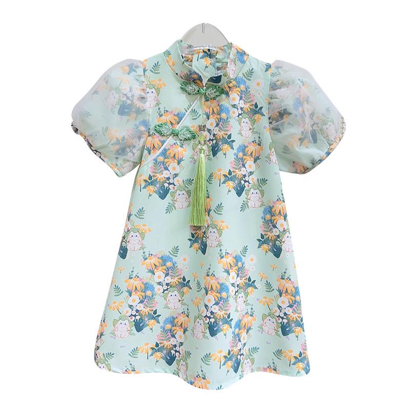Girls' Summer Puff Sleeve Cheongsam Princess Dress