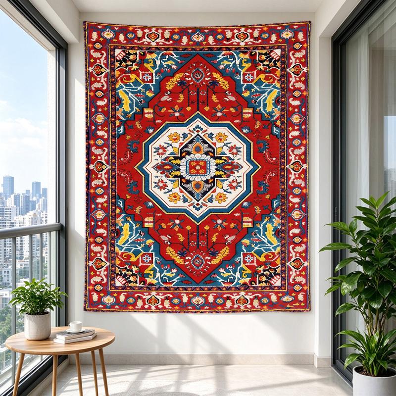 Hanging Tapestry for Wall Decor Persian Rug Red Blue Medallion Floral for Adult Bedroom Decor