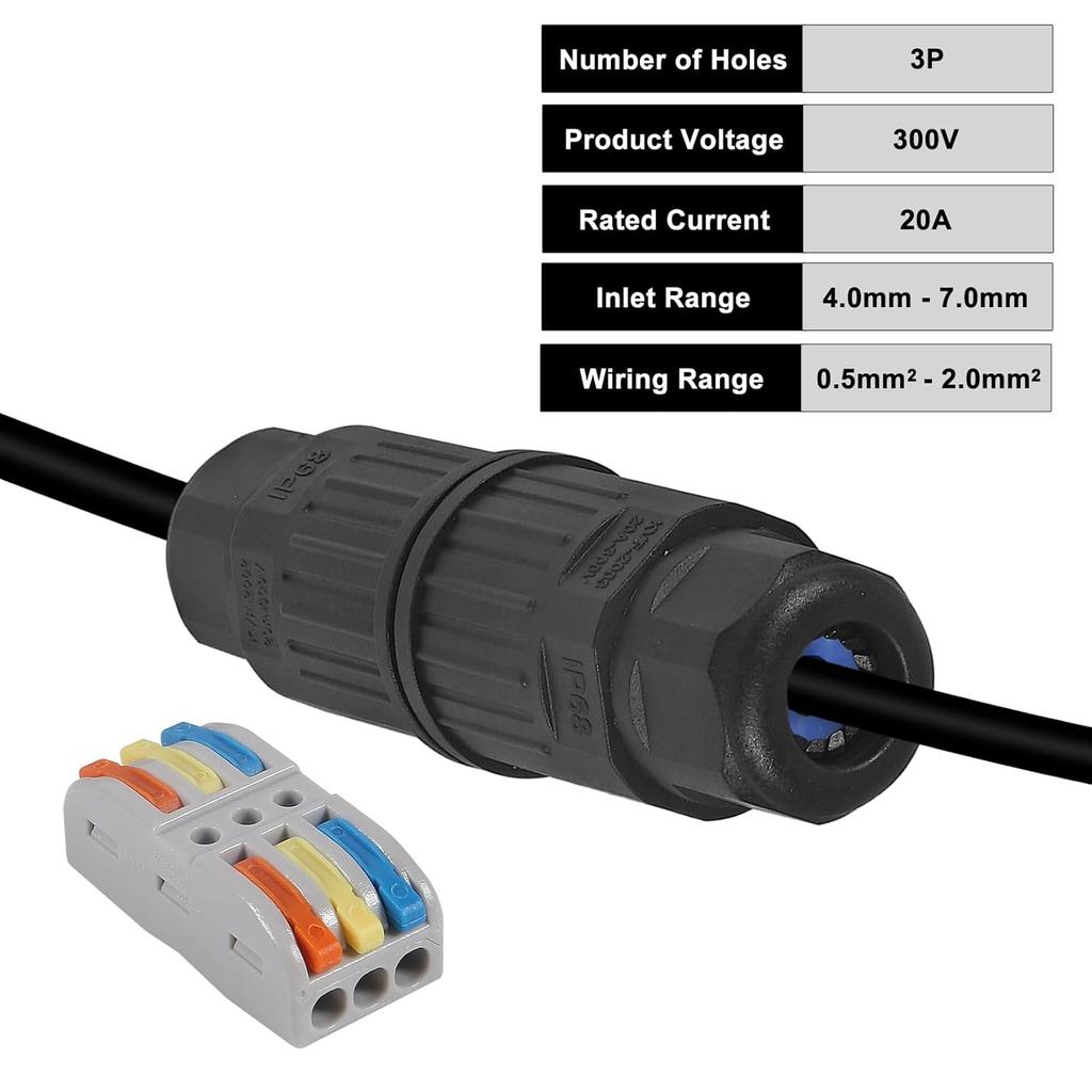 4PCS Waterproof Junction Box, 3 Way Outdoor Electrical Cable Connector, IP68 Waterproof Wire Connector Cable Range Ø 3.5-10mm